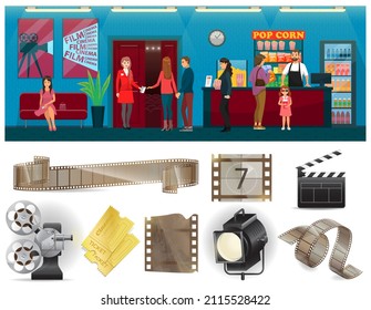 Different people buy tickets and food in lobby of cinema vector illustration with group of spectators before session. Set icons cinematography cinema and movie. Film production, art and entertainment