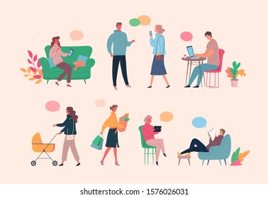 Different people cartoon character and dialogue color bubble vector