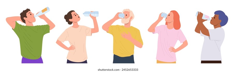 Different people cartoon characters drinking water from glasses, plastic and glass bottles set