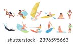 Different people cartoon characters engaged in beach recreation and water sport activities set