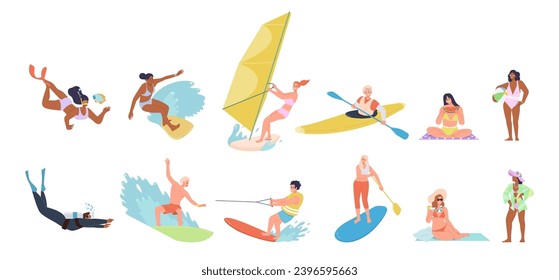 Different people cartoon characters engaged in beach recreation and water sport activities set