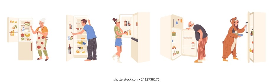 Different people cartoon characters looking at refrigerator searching snack to eat or food to cook