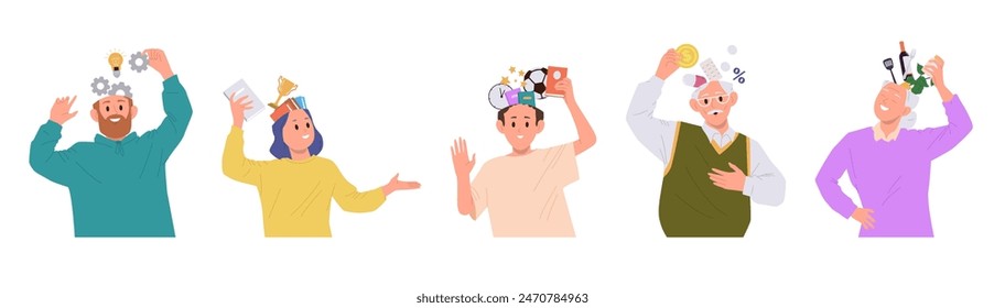Different people cartoon characters of various age filling head with information vector illustration