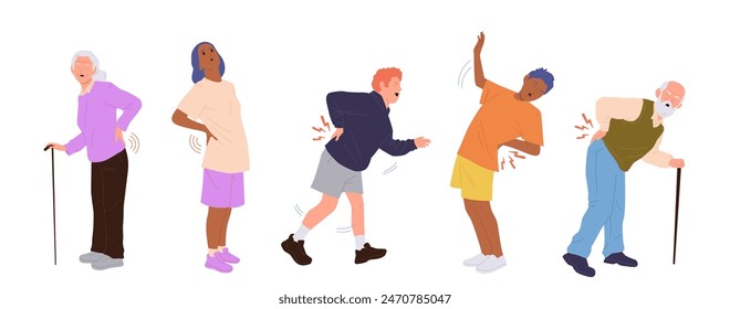 Different people cartoon characters of various age suffering from back pain vector illustration set