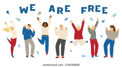 Different people celebrating end of Covid-19 epidemic and quarantine. Happy people jumping, smiling, dancing surrounded with useless protective clothes. Global celebration. Flat vector illustration.