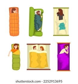 Different People Characters Lying Under Blankets on Their Bed Sleeping and Dreaming Above View Vector Set