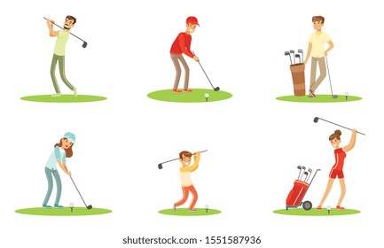 Diferentes Personajes Que Juegan Al Vector Exterior De Golf Conjunto De Ilustración Aislado En Fondo Blanco