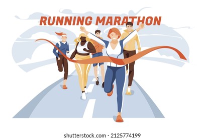 Different people characters run to finish the marathon distance. The concept of a healthy lifestyle. Various races and big size athletes. Flat, cartoon vector.