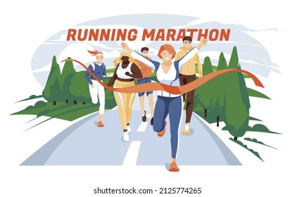 Different people characters run to finish the marathon distance. Summer, spring, field and trees. The concept of a healthy lifestyle. Various races and big size athletes. Flat, cartoon vector.