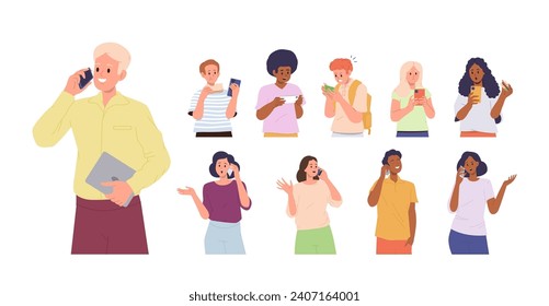 Different people characters using mobile phone for call, online communication and social media