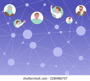 Diferentes Personas En Círculos Conversando Y Conectándose A Través De Los Medios Sociales. Grupo De Equipo Conectándose Entre Sí Con Los Mismos Canales.