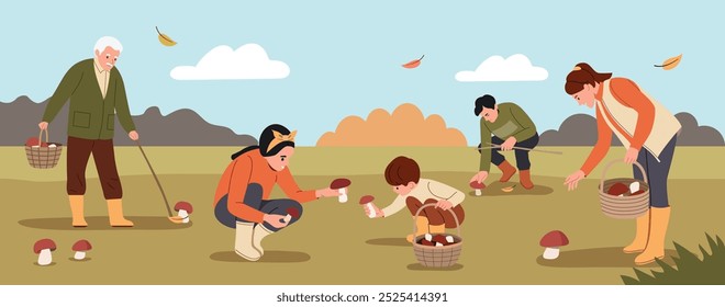 Different people collects mushrooms in the forest. Vector flat style cartoon  illustration