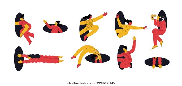 Different people coming, flying, jumping, looking through and out of holes. Happy enthusiastic lively men and women. Search, explore concept. Graphic vector illustration