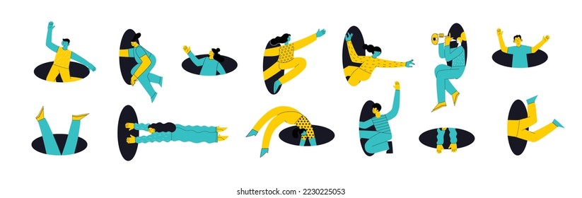 Different people coming, flying, jumping, looking through and out of holes. Happy enthusiastic lively men and women. Search, explore concept. Graphic vector illustration