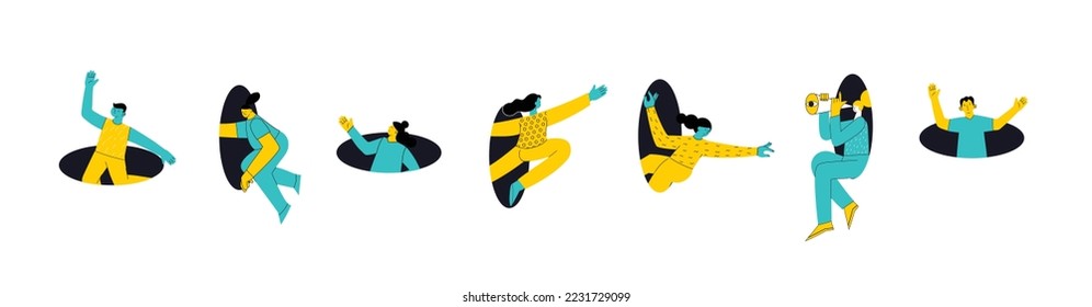 Different people coming, flying, jumping, looking through and out of holes. Happy enthusiastic lively men and women. Search, explore concept. Graphic vector illustration