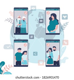 Different people communicate by video call. Pregnant woman on mobile phone screen. Family with little kid on smartphone screen. Concept of new technology and online conference.Flat vector illustration