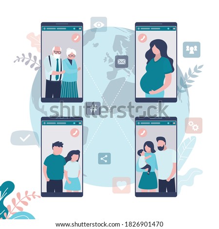 Different people communicate by video call. Pregnant woman on mobile phone screen. Family with little kid on smartphone screen. Concept of new technology and online conference.Flat vector illustration