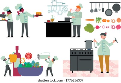 Different people cooking in the kitchen set. Professional chefs characters wearing traditional white uniform working in restaurant in a vector illustration.