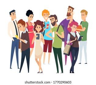 Different people crowd. Isolated man woman with gadgets and book. Happy confused displeased vector characters