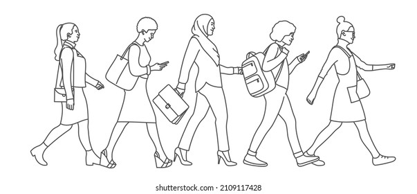 Different people. Crowd of multiethnic women walking through the city. Hand drawn vector illustration. Black and white.