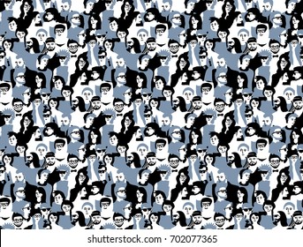 Different People Crowd Seamless Pattern Gray And Black. Monochrome Vector Illustration. EPS8