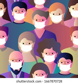 Different people crowd in white medical protective face masks protecting airborne virus infection. Coronavirus epidemic quarantine concept seamless vector illustration gradient pattern