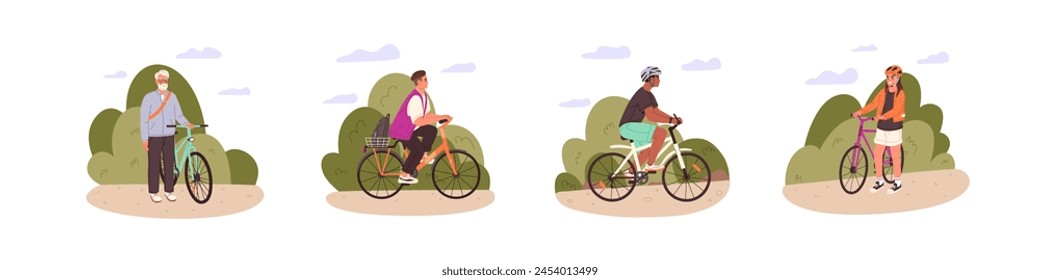 Diferentes personas ciclismo conjunto. Ciclistas felices montan bicicletas al aire libre. Diversos ciclistas conducen bicicletas. Varios personajes con estilo de vida activo. Ilustración vectorial plana aislada sobre fondo blanco.