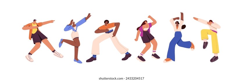 Different people dance set. Modern dancers perform freestyle hip hop at party. Happy performers move by disco music. Young men and women have fun. Flat isolated vector illustration no white background