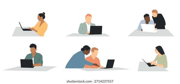 Pessoas diferentes na mesa trabalhando. Coleção de avatares. Conceito de espaço de trabalho. Pessoas com laptops.