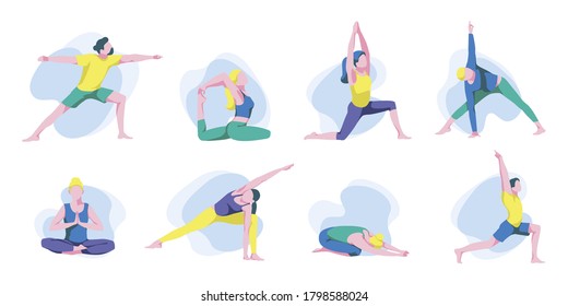 Different people doing workout at home. Man and woman doing yoga. Cartoon sport activities set. Collection of yoga asanas. Concept of healthcare and sports. Healthy lifestyle. Flat vector illustration