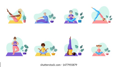 Different people doing yoga, adults, children, elderly men and women doing sport exercises. African Americans and Europeans - large group of persons. Isolated elements on white background, vector set 