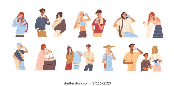Different people drinking water from a glass, bottle, fountain, cooler, tap, filter. Man and woman quenching thirst isolated on white background. Vector illustration in flat cartoon style - Shutterstock ID 1711672123
