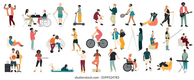 Different people are engaged in various types of leisure and relaxation. Set of different hobbies. Modern design.	