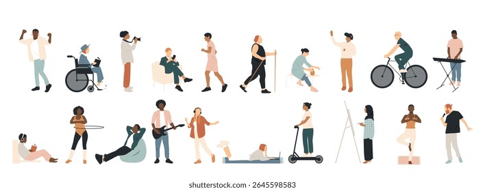 Different people are engaged in various types of leisure and relaxation. Set of different hobbies.	
