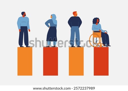 Different people with equal rights and position in society. women and men in the same career growth conditions and pay levels. Gender equality in business. vector illustration 