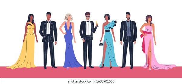Different people in evening wear on red carpet awards ceremony