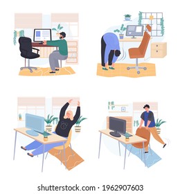 Different people exercise in workplace bedroom concept scenes set. Colleagues doing warm up, practice sport in office. Collection of human activities. Vector illustration of characters in flat design