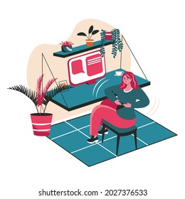 Different people exercise in the workplace scene concept. Woman does warm-up, turns to sides, sits on chair at table. Office work people activities. Vector illustration of characters in flat design