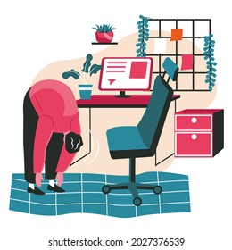 Different people exercise in the workplace scene concept. Man performs bend to floor, warm-up on break at desktop. Office work people activities. Vector illustration of characters in flat design