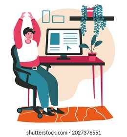 Different people exercise in the workplace scene concept. Man does warm up, arms raised, sits on chair at work table. Office work people activities. Vector illustration of characters in flat design