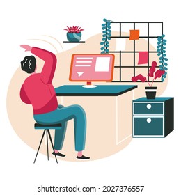 Different people exercise in the workplace scene concept. Man does training and bends to sides, sits on chair at desk. Office work people activities. Vector illustration of characters in flat design