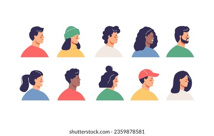 Different people face in profile. Avatars users men and women vector set