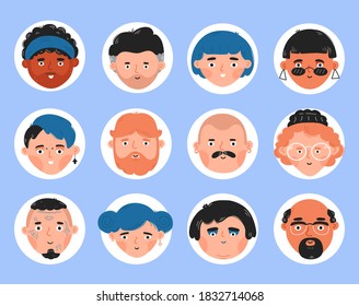Different people face set collection. Vector trendy hand drawing cartoon style character illustration. Trendy people avatars bundle
