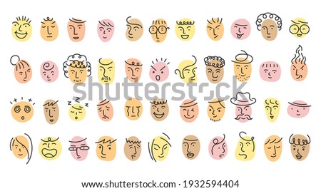 Different People Face, Single Line style Set, Circle Shape Various Emotion and Feelings
