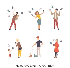 Different people feeding, making selfie with pigeons while walking in park set cartoon vector illustration