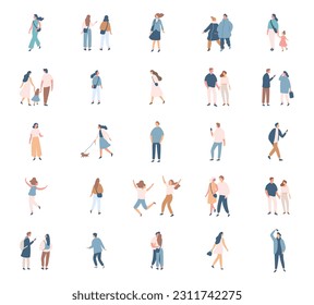 Different People flat vector silhouette bundle. Male and female flat faceless characters isolated on white background.	