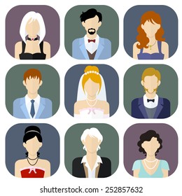 Different people in formal suits flat style icons set. Vector illustration