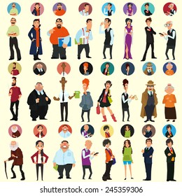 different people in full-length and different poses. avatars and icons. people's faces. vector illustration of a flat style for your design.