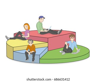 Different people with gadgets and laptops in the diagram segments. Vector illustration.
