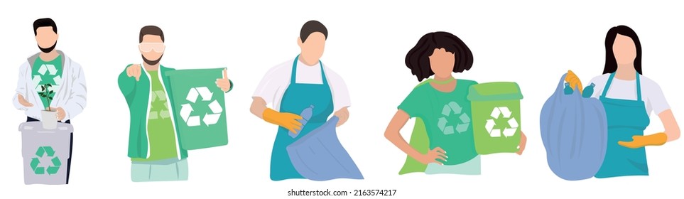 Different people with garbage on white background. Recycling con